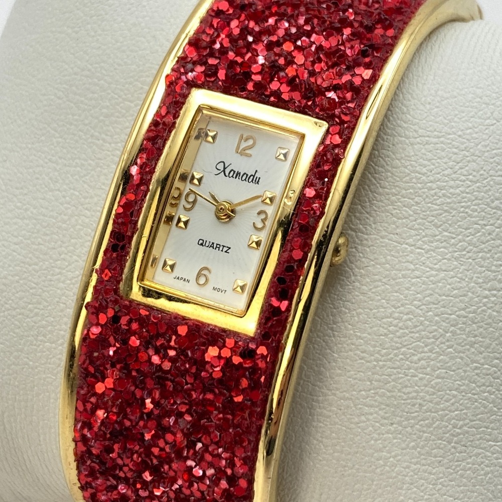 Vintage Xanadu Women's Watch Gold Tone Cuff Red Glitter 24mm Tank New Battery 7"